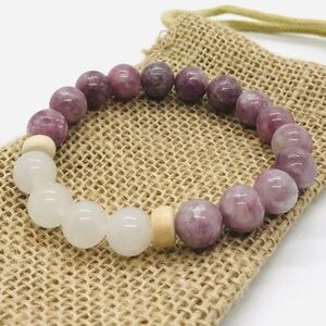 Handmade Lilac Lepidolite Snow Quartz Genuine Gemstone Bracelet